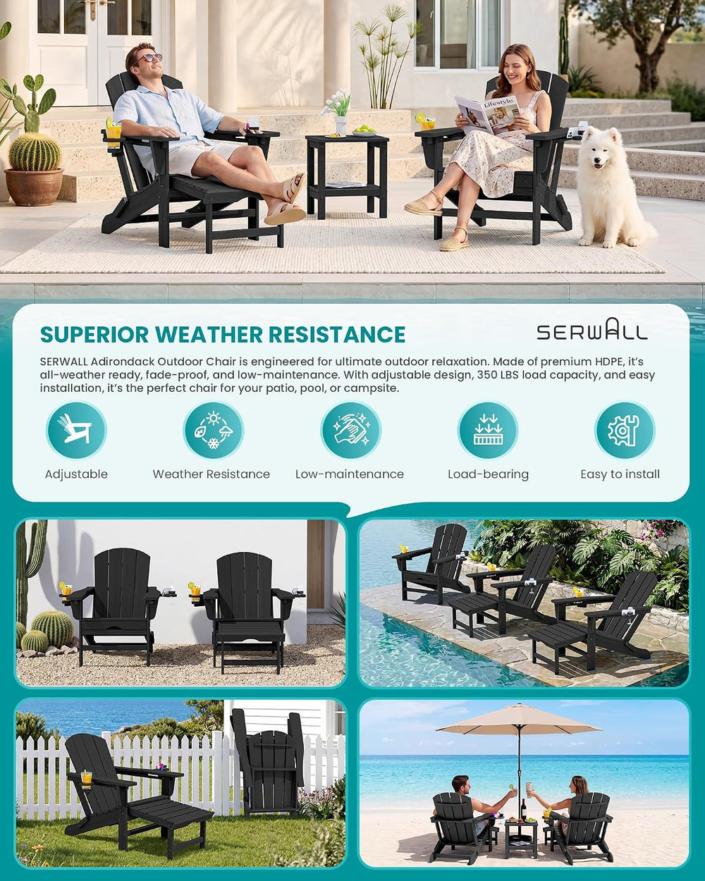 SERWALL HDPE Folding Adjustable Adirondack Chair with Footrest, Black