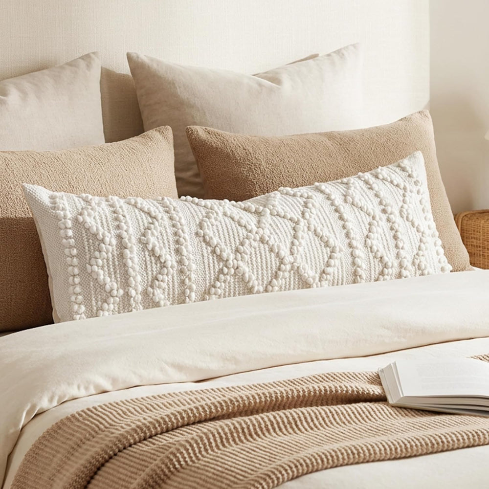 BlissBlush Pure White Decorative Lumbar Pillow Cover 14x36, Boho Long Throw P...