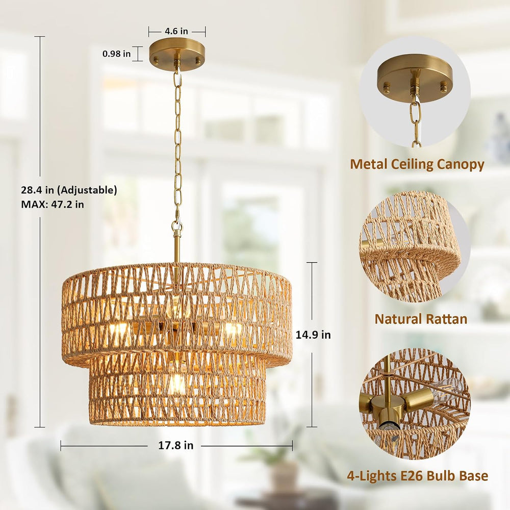 17.8" Boho Rattan Chandelier Light Fixtures, 4-Light Rattan Pendant Light