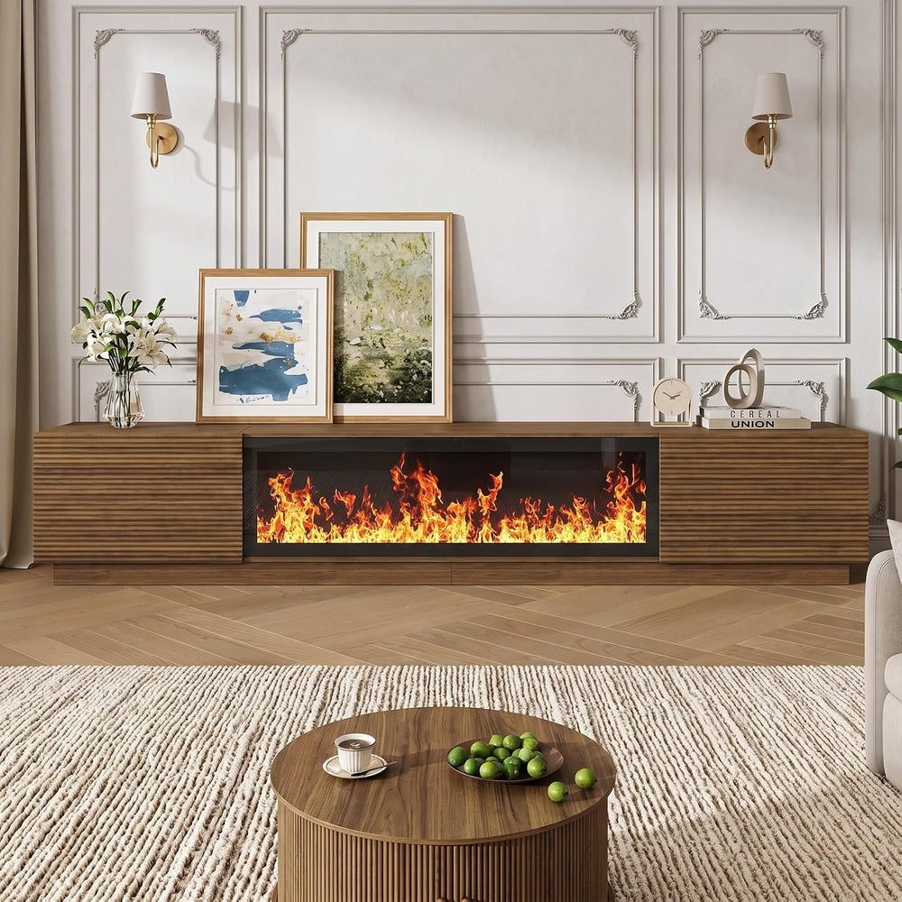 94.5" Fireplace TV Stand, Fluted TV Stands for Living Room, Walnut