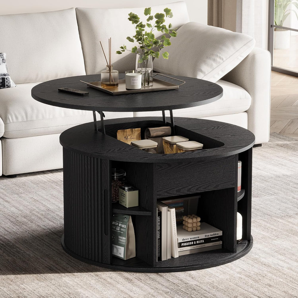 LINSY Lift Top Coffee Table, Round Fluted Coffee Table with Storage, Mid Cent...