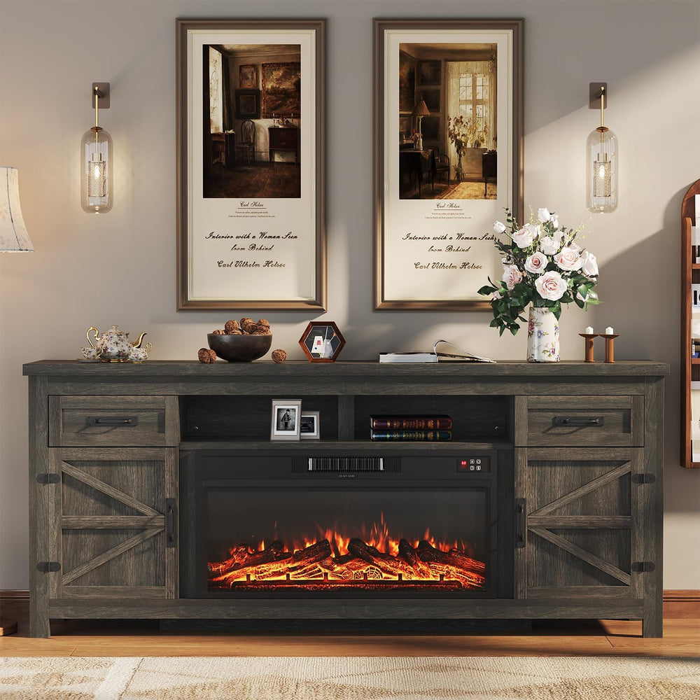 Fireplace TV Stand with Barn Door, 80 inch, Grey