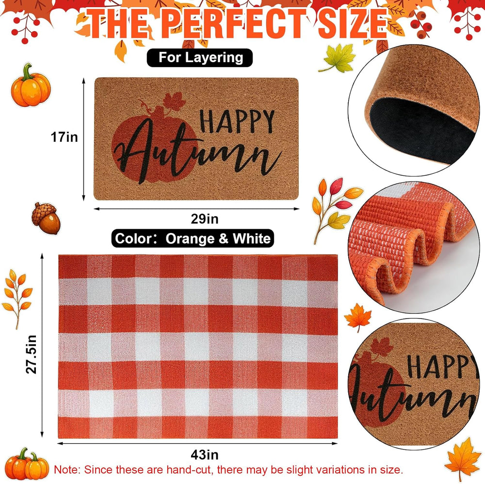 2-Piece Fall Front Door Mat Set, Layered Coir & Orange White Plaid Mats