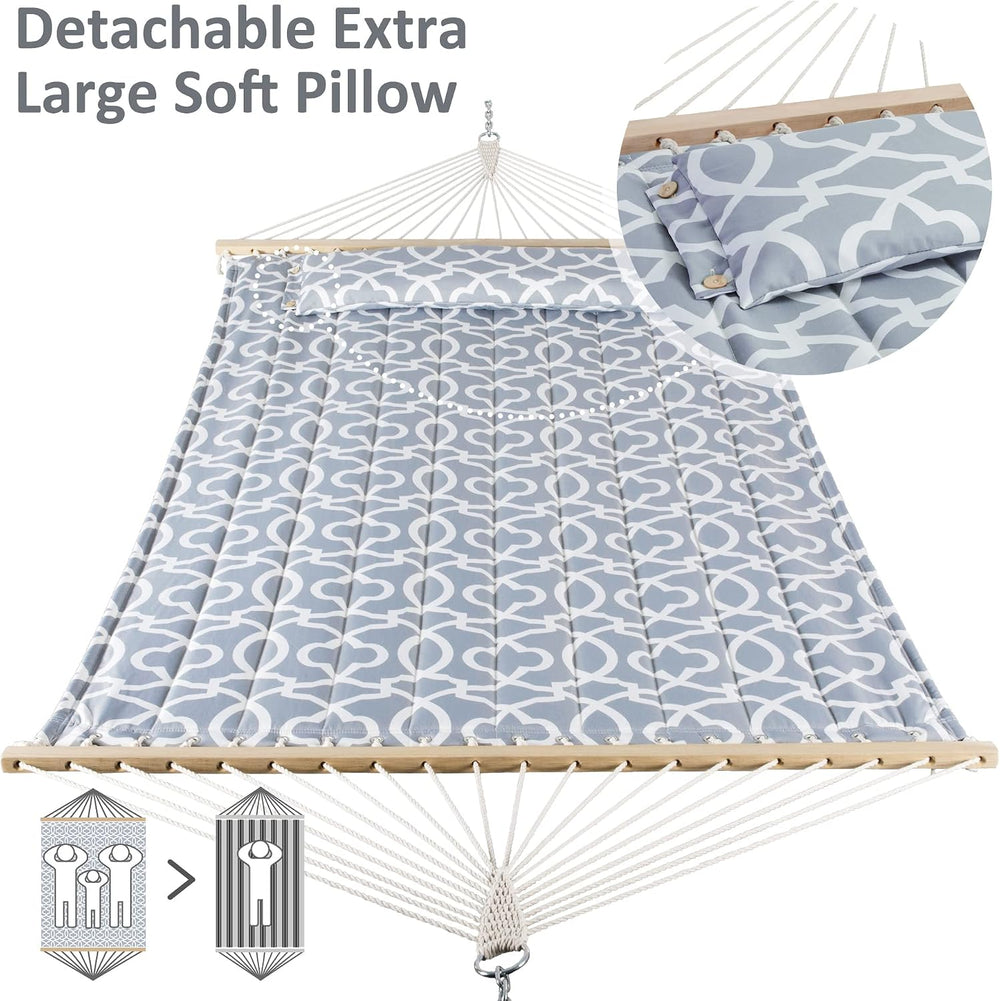 SUNCREAT Double Quilted Hammock with Hardwood Spreader Bar, Grey Pattern