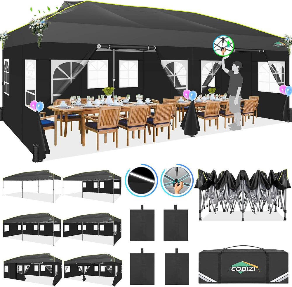 COBIZI 10x20 Pop Up Canopy with 6 Sidewalls One Push Setup, Black