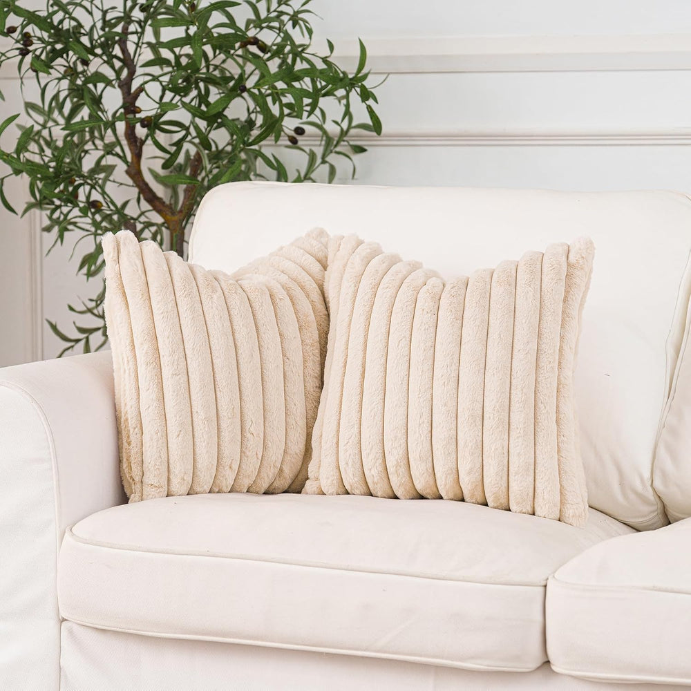 NiNi ALL Beige Faux Fur Throw Pillow Covers 26x26, Set of 2 Cushion Cases