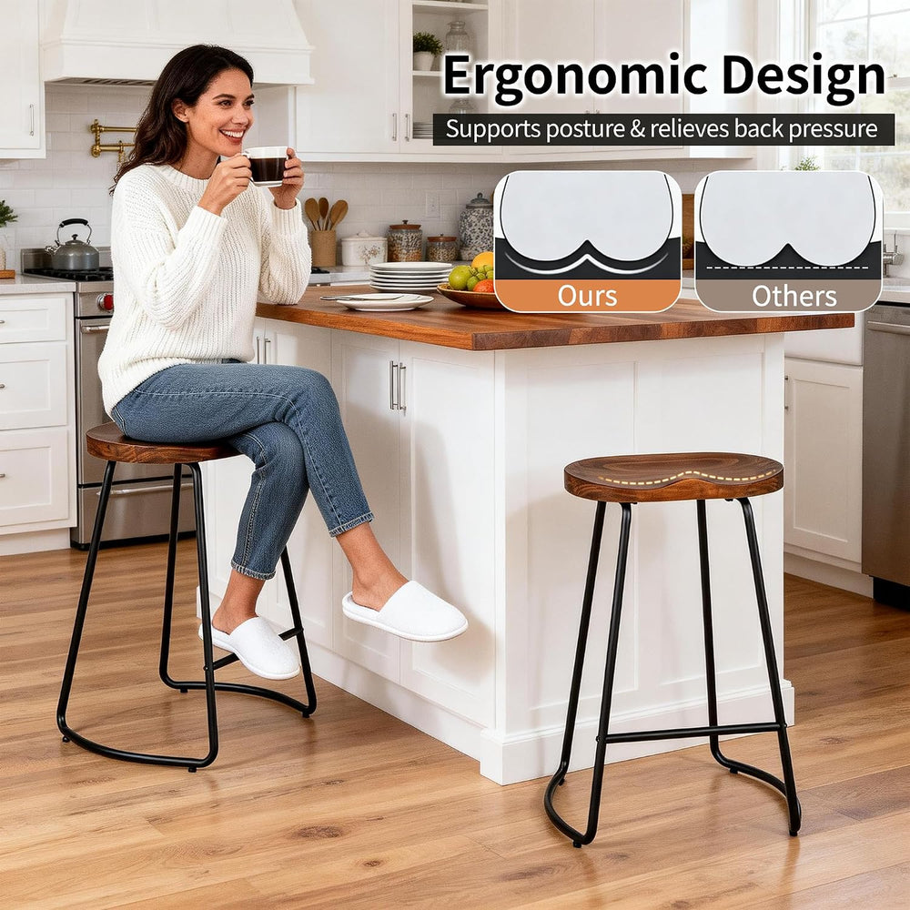 HeuGah Wood Bar Stools Set of 3, 30" Backless Saddle Seat Barstools