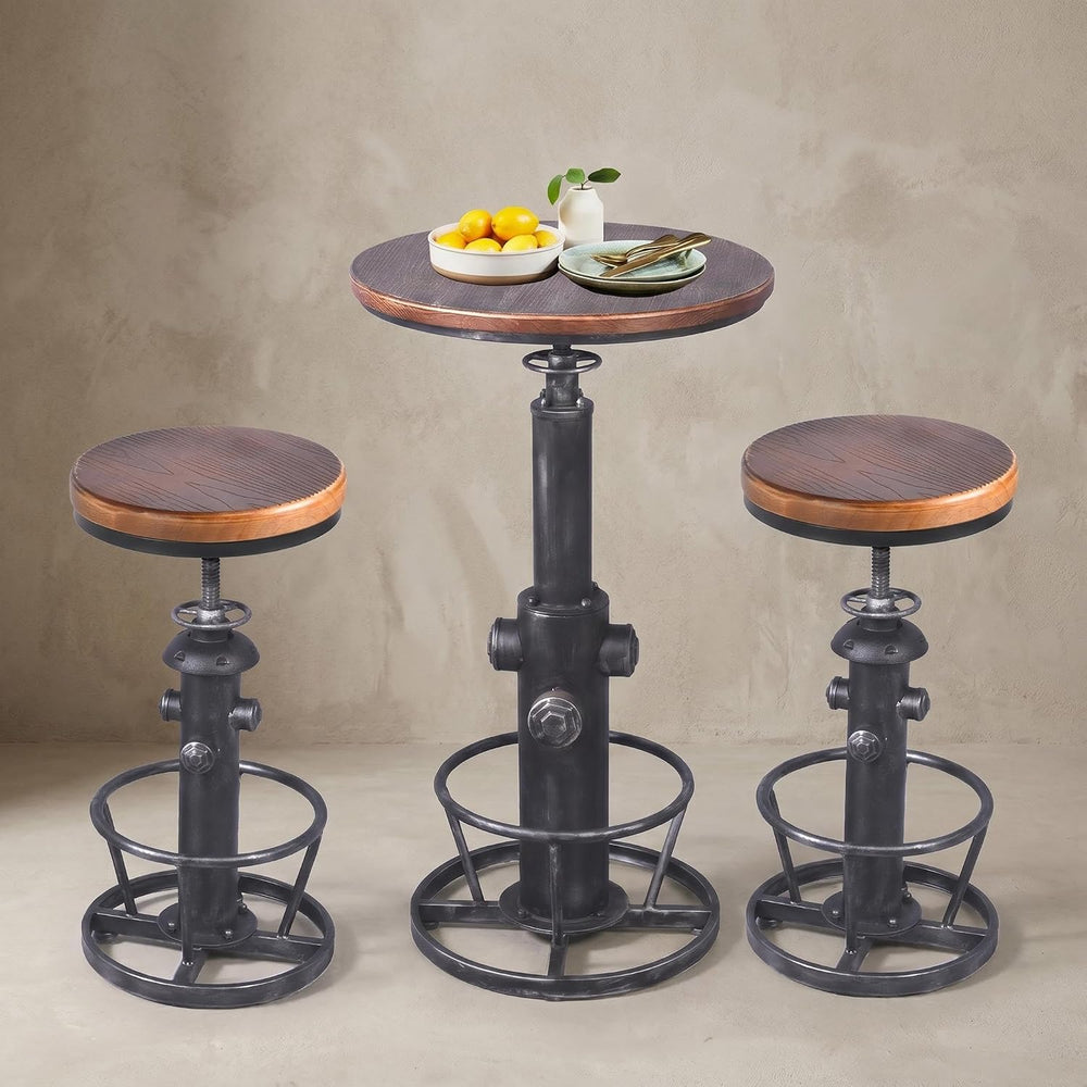 Topower 3 Piece Pub Bar Set Retro Round Bar Table and Stools for 2 Height Adj...