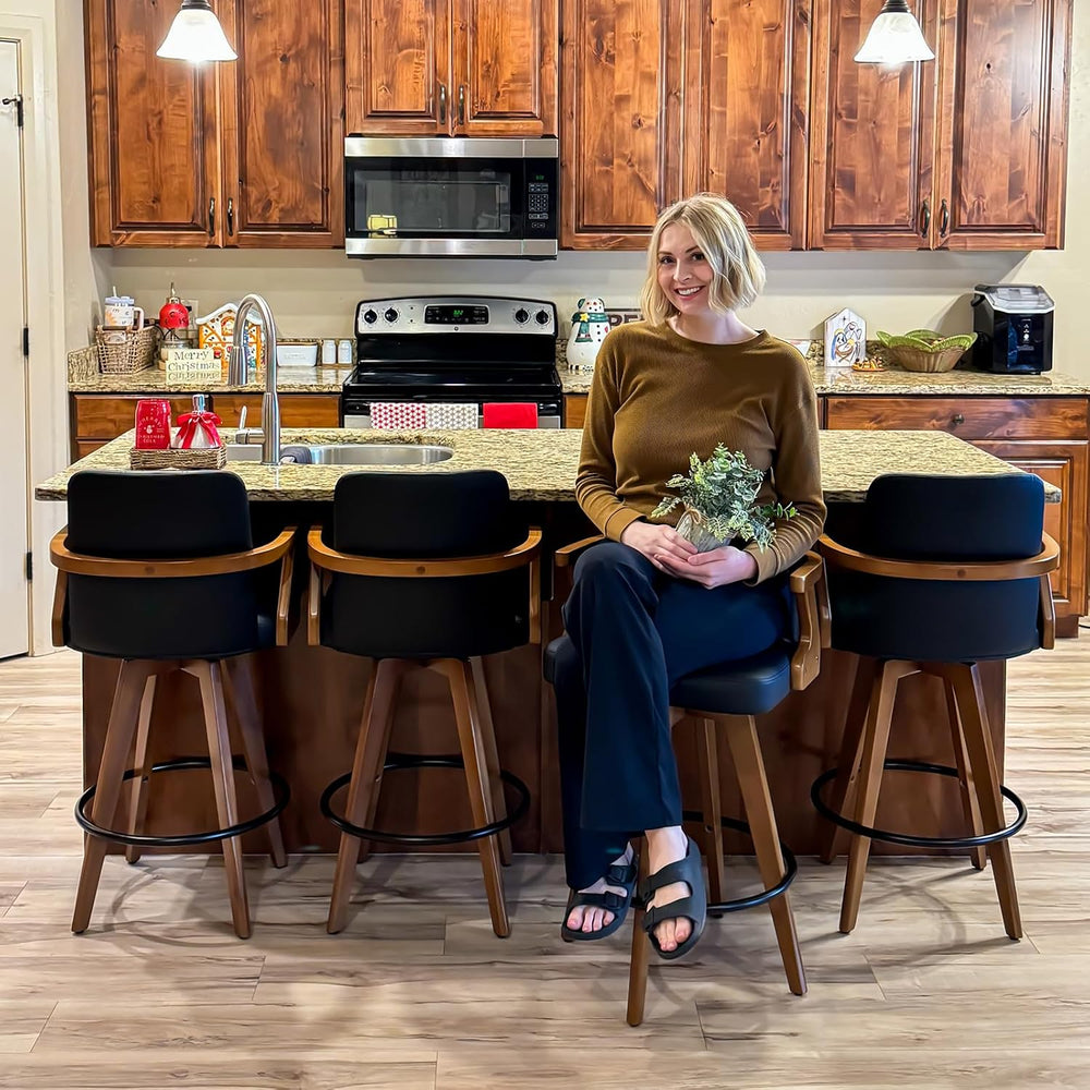 Swivel Counter Stools Set of 3 with Walnut Finish, Mid-Century Modern 26.7 In...