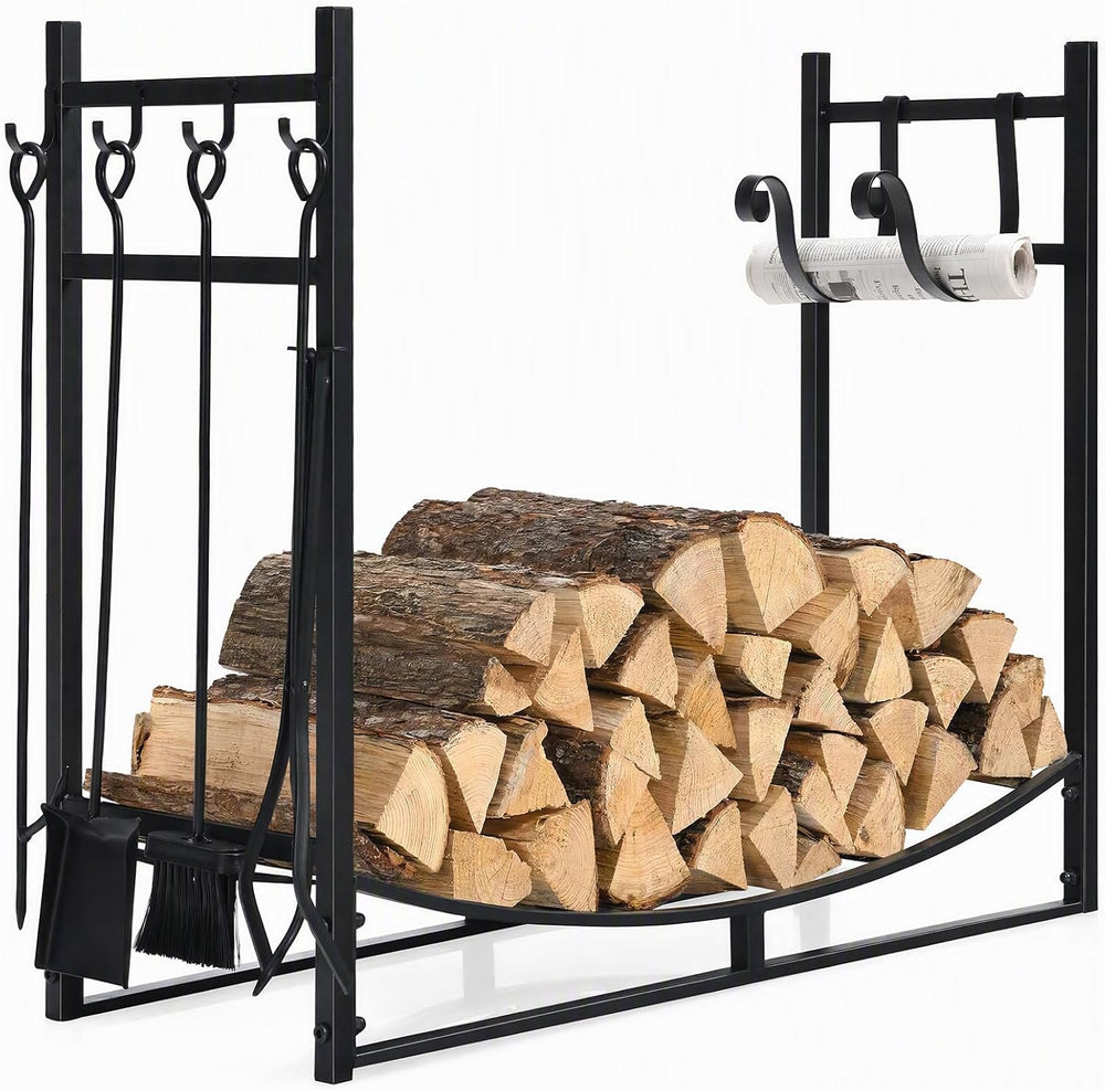 Goplus Firewood Rack Indoor, 36” Firewood Holder with 4- Piece Fireplace Tool...