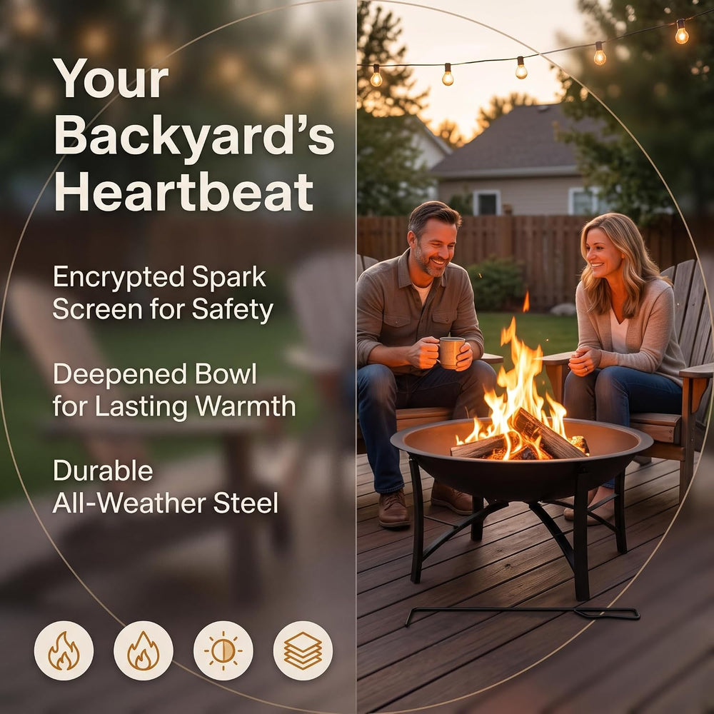 Fire Beauty 22" Outdoor Wood Burning Fire Pit with Spark Screen, Black