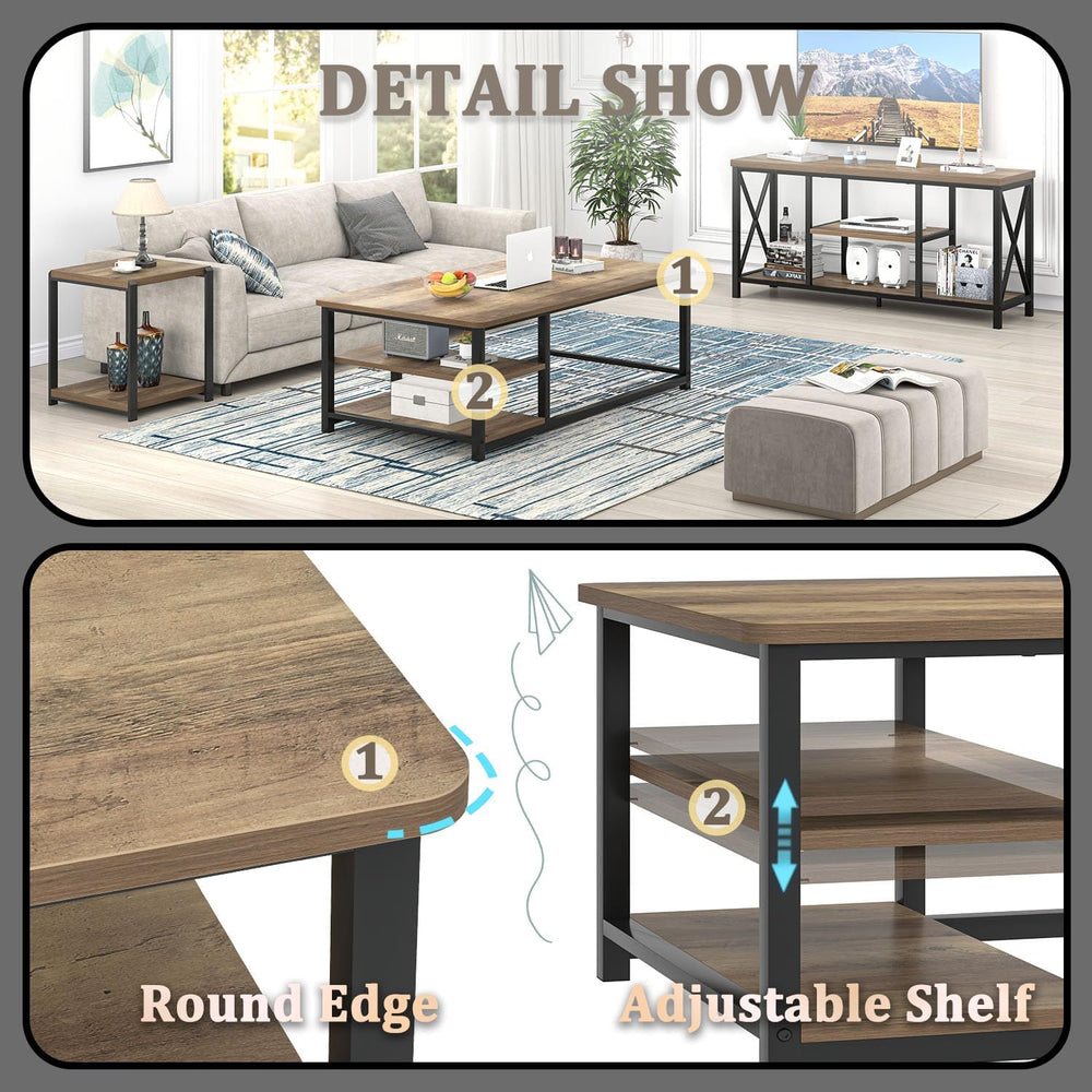 EXCEFUR Coffee Table with Storage Shelf, Modern Wood and Metal Center Table f...