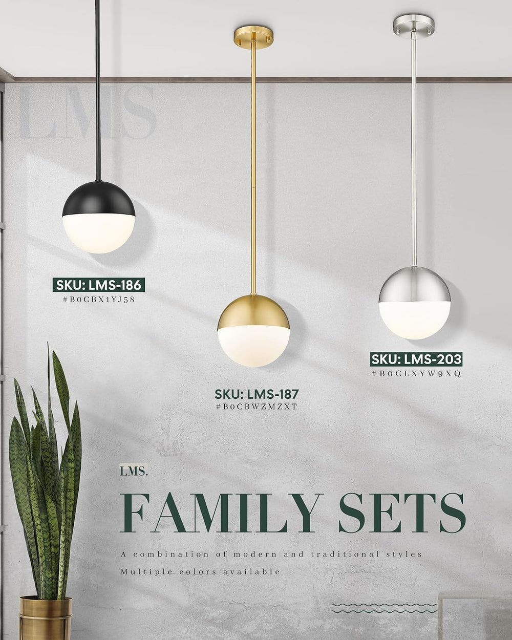 LMS 2-Pack Brushed Gold Pendant Lights, Modern Pendant Light with Milky Globe...