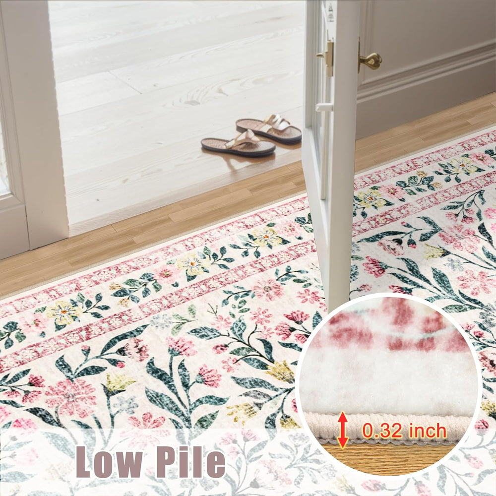 PLHXFR 8x10 Area Rug Living Room: Floral Washable Boho Carpet Pink Green