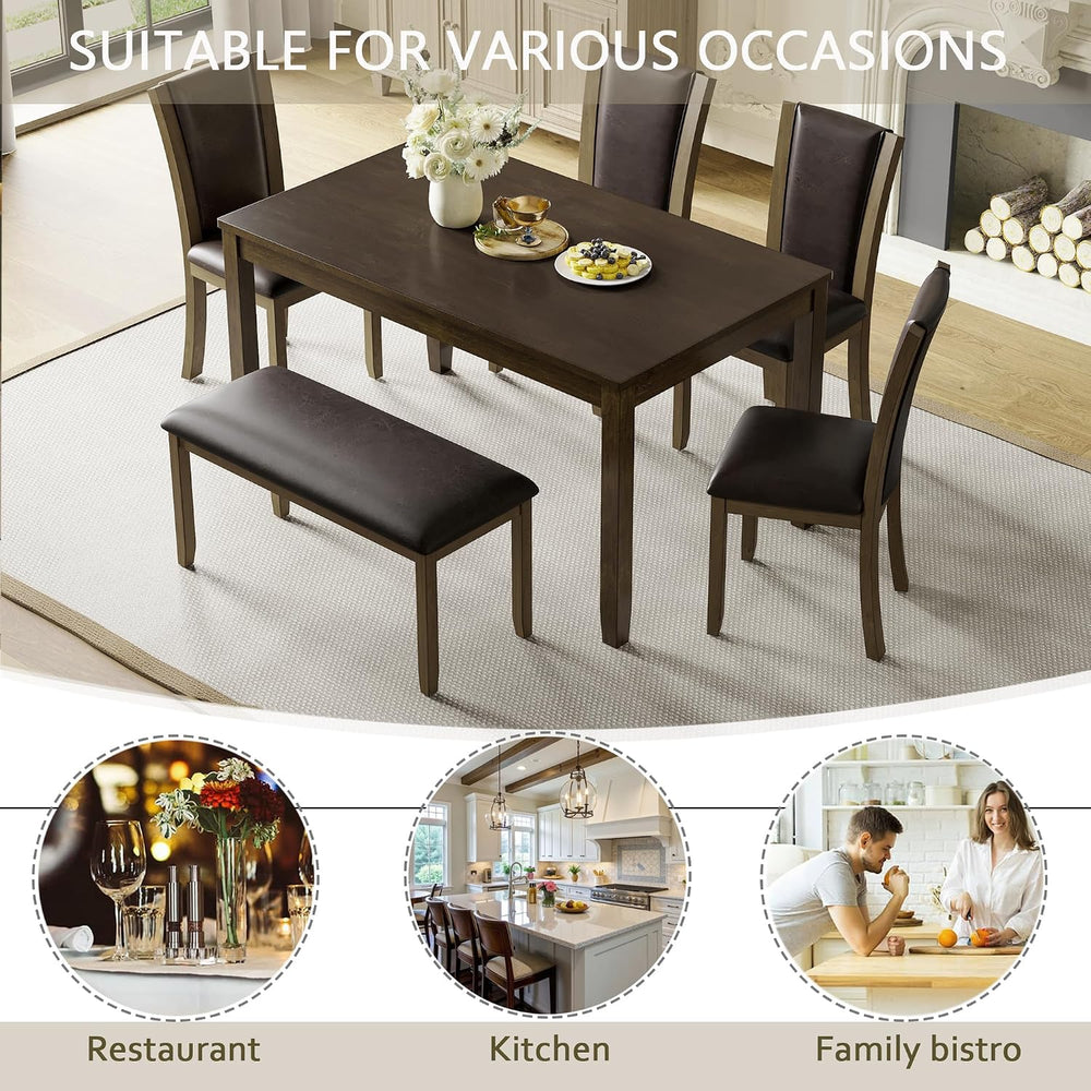 6-Piece Dining Table Set with Bench & 4 Chairs, Solid Wood, Dark Walnut