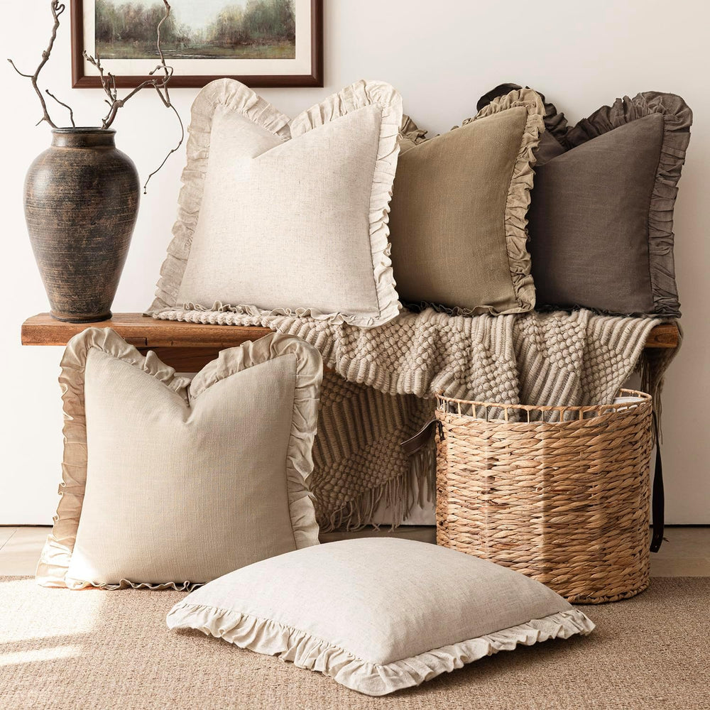 Foindtower Set of 2 Decorative Linen Fringe Ruffle Throw Pillow Covers Soft B...