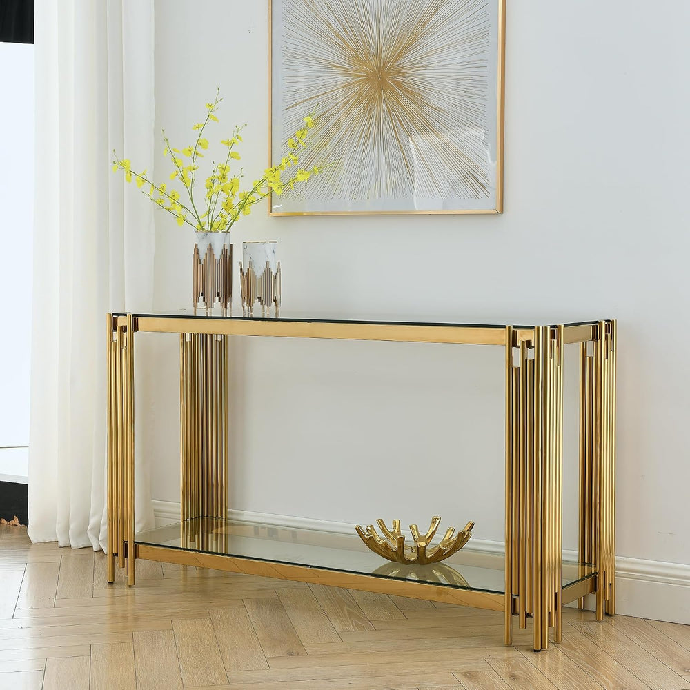 Modern Glass Console Table, 55" Gold Sofa Table with Sturdy Metal Frame ...