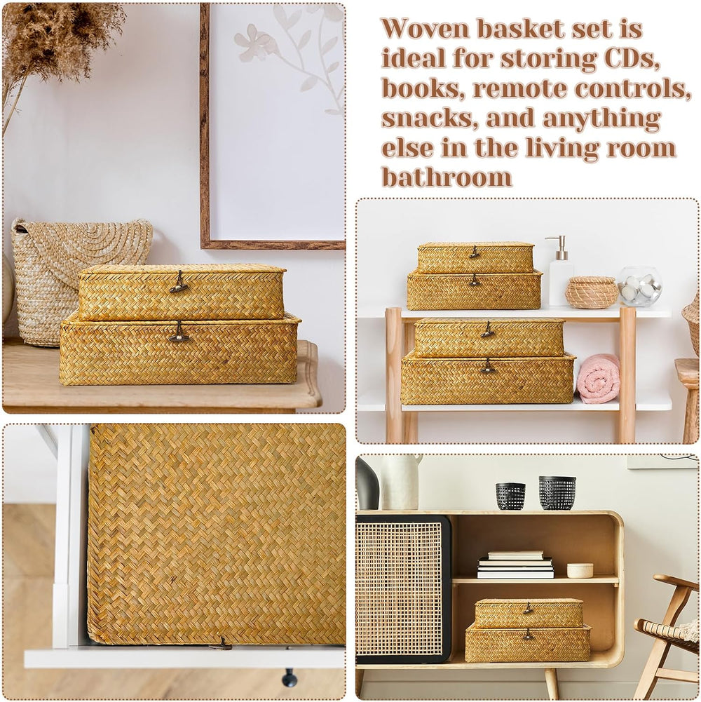 Didaey Set of 4 Seagrass Basket with Lid Wicker Storage Basket Decorative Sto...