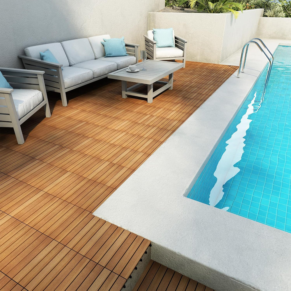 PrimeZone 108 PCS Solid Acacia Wood Interlocking Deck Tiles, Natural Wood