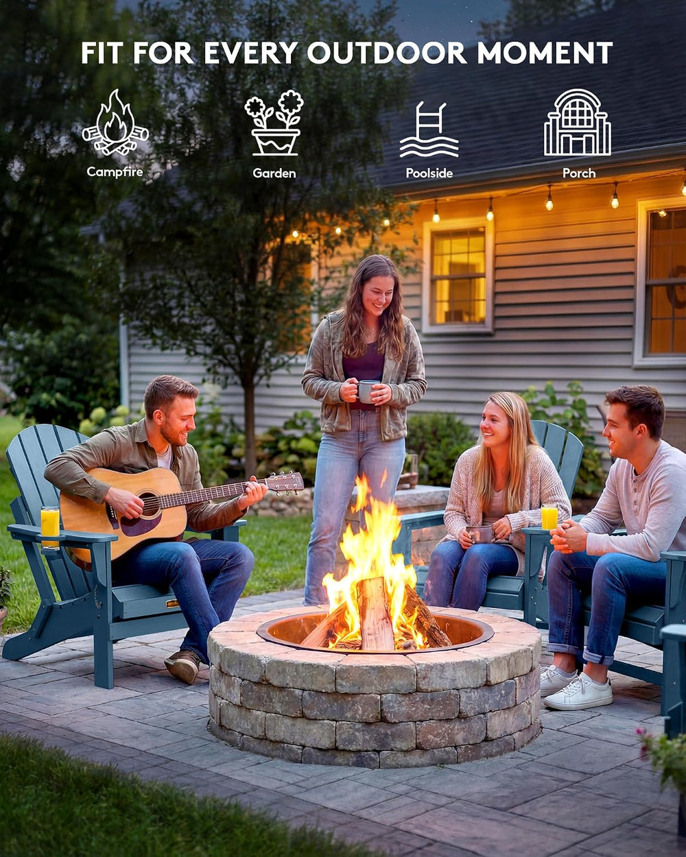 SERWALL Folding Adirondack Chairs with Cup Holder, Outdoor Fire Pit - Blue