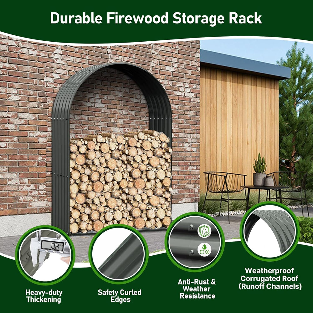 ANLEOLIFE Arch Tall Outdoor Firewood Rack with Corrugated Steel Roof