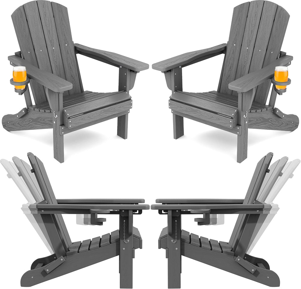 SERWALL Folding Adjustable Adirondack Chairs Set of 4, Cup Holders, Gray