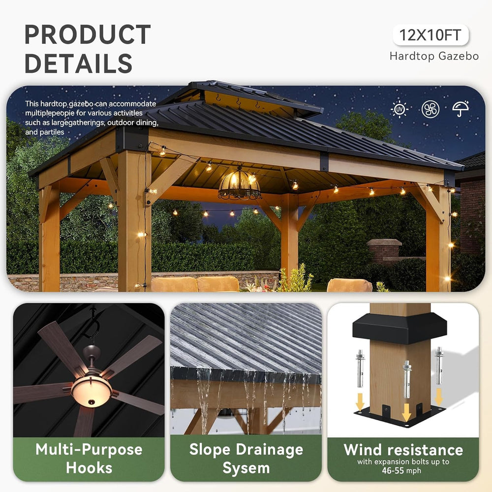 Aoxun 10' x 12' Patio Wood Gazebo Cedar Wood, Natural