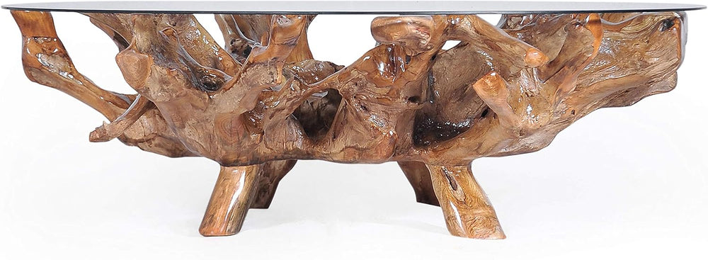 CHIC TEAK Genuine Teak Wood Root Coffee Table Including 55 Inch Round Glass T...
