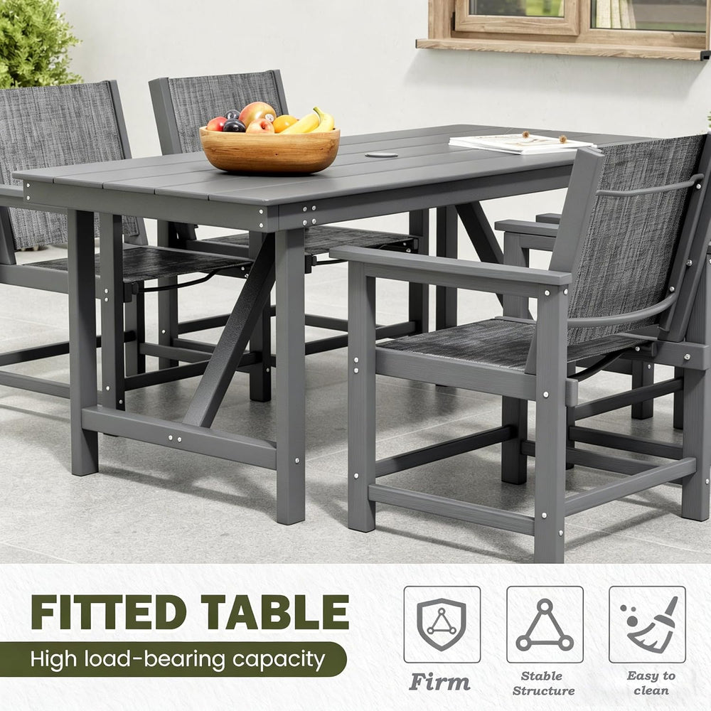 7 Pcs HDPE Outdoor Dining Set for 6 Patio Umbrella Hole Table and Chair Set