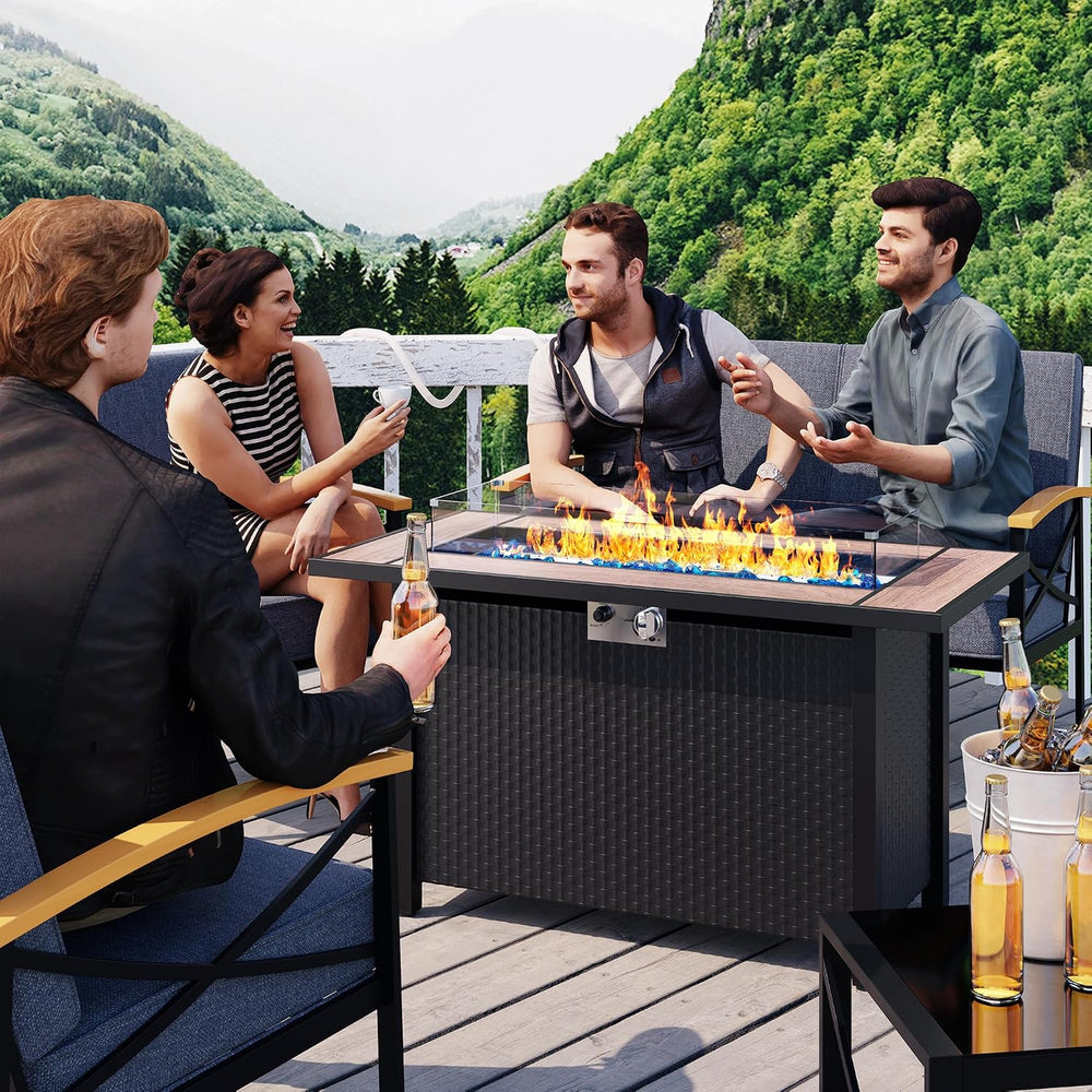 45in Fire Table, Propane Fire Pit with Glass Wind Guard and Rain Cover, Outdo...