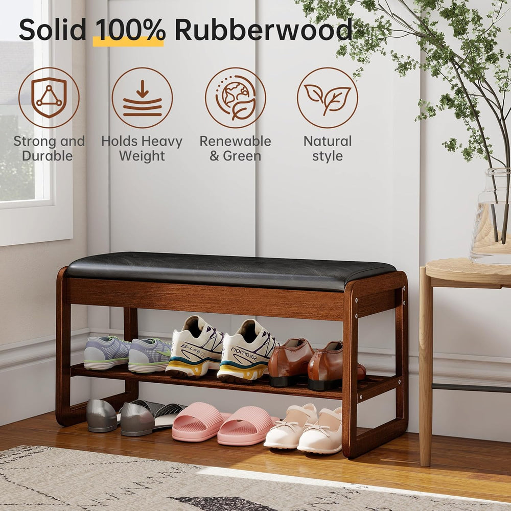 Shoe Rack Bench with Flip-Top Storage, Solid Rubberwood 2-Tier Shoe Organizer...