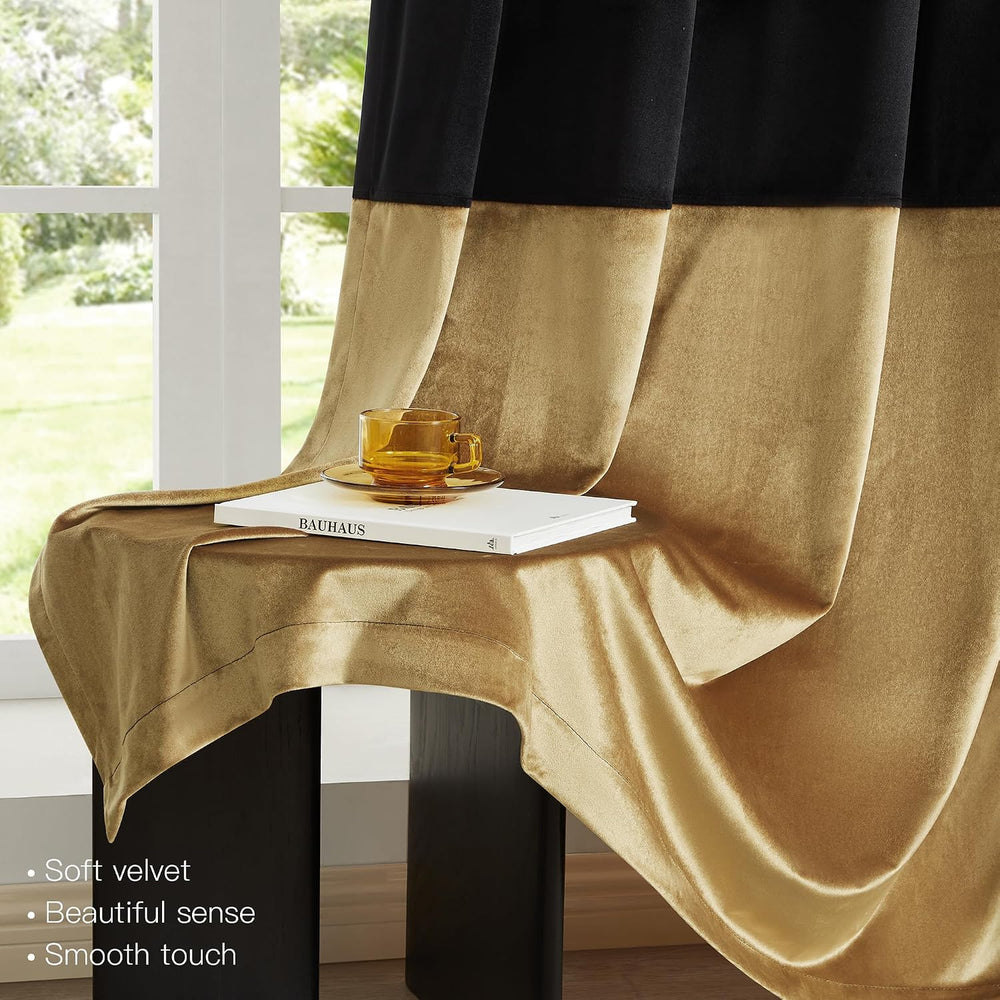 BULBUL Black Gold 100% Full Blackout Velvet Curtains,63 inches Long Modern Li...