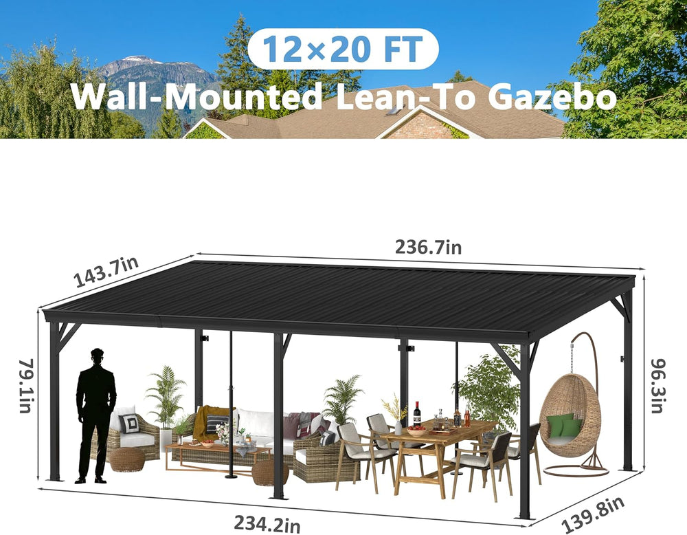 Yardenaler 12x20 FT Wall Mounted Gazebo, Hardtop Lean to Gazebo with Aluminum...