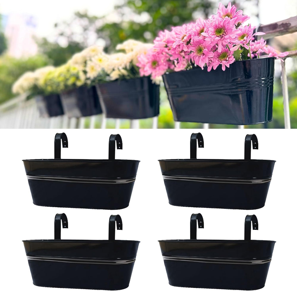 LaLaGreen Deck Rail Planter (16 in, 4 Pack) Black Metal Hanging Flower Pots