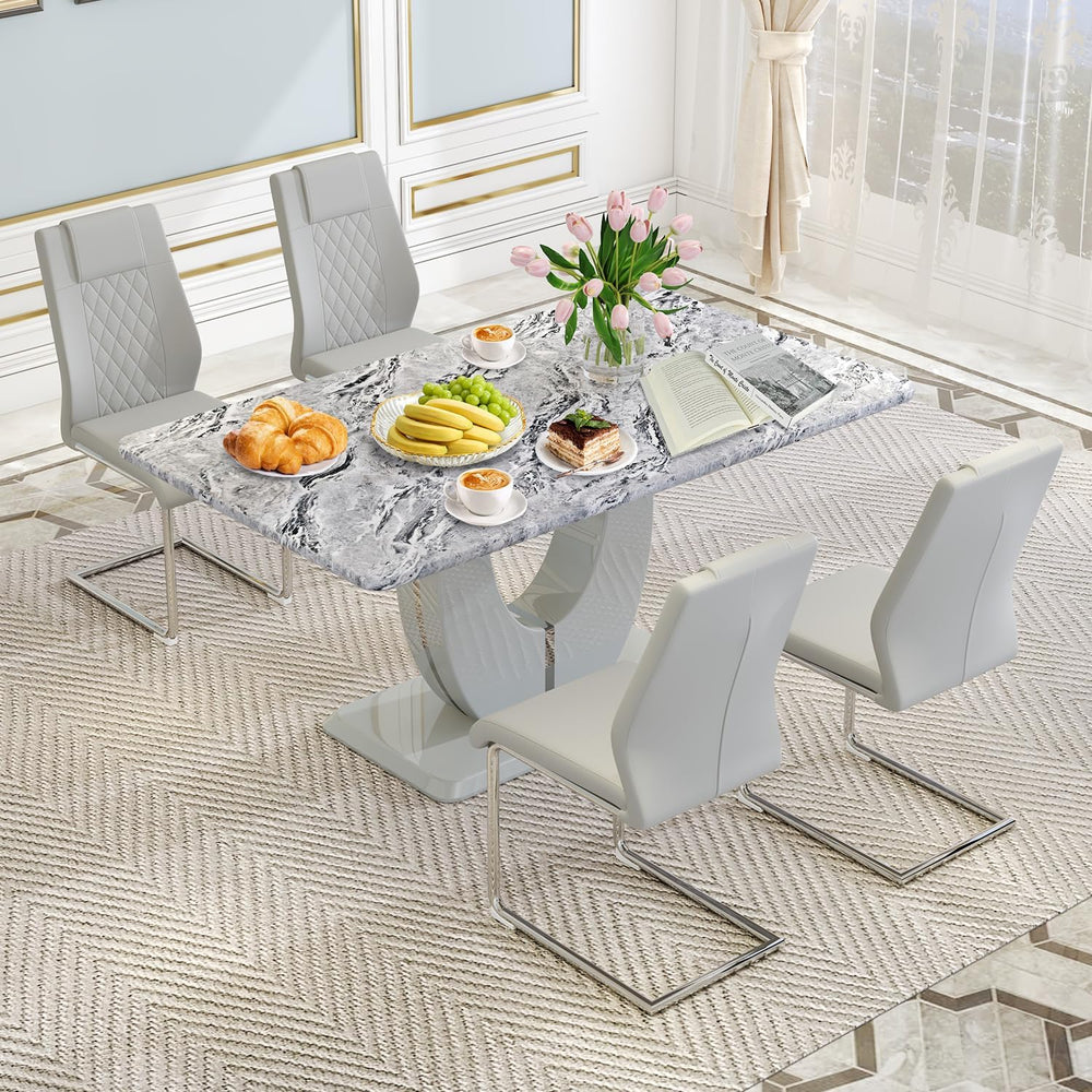 JUFU Dining Table Set for 4, 63" Faux Marble Dining Room Table Set with ...