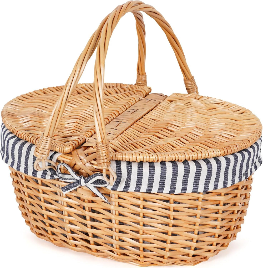 HappyPicnic Wicker Picnic Basket with Handle & Lid, 15" Vintage Hand...