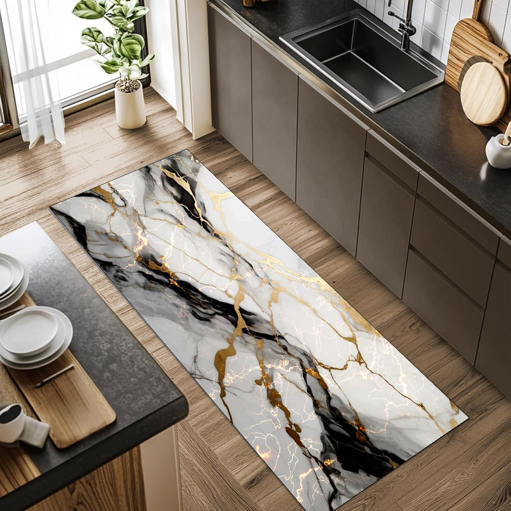 White Marble Runner Rug,2x6ft, Black Gray Gold Texture Design Long Kitchen Ma...