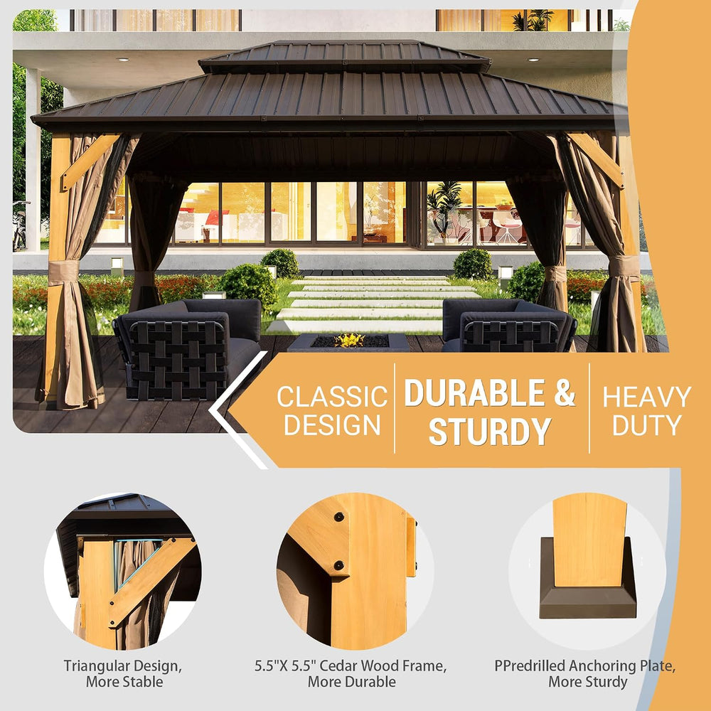 Domi 10' X 14' Wood Gazebo, Cedar Frame Hardtop Gazebo with Galvanize...