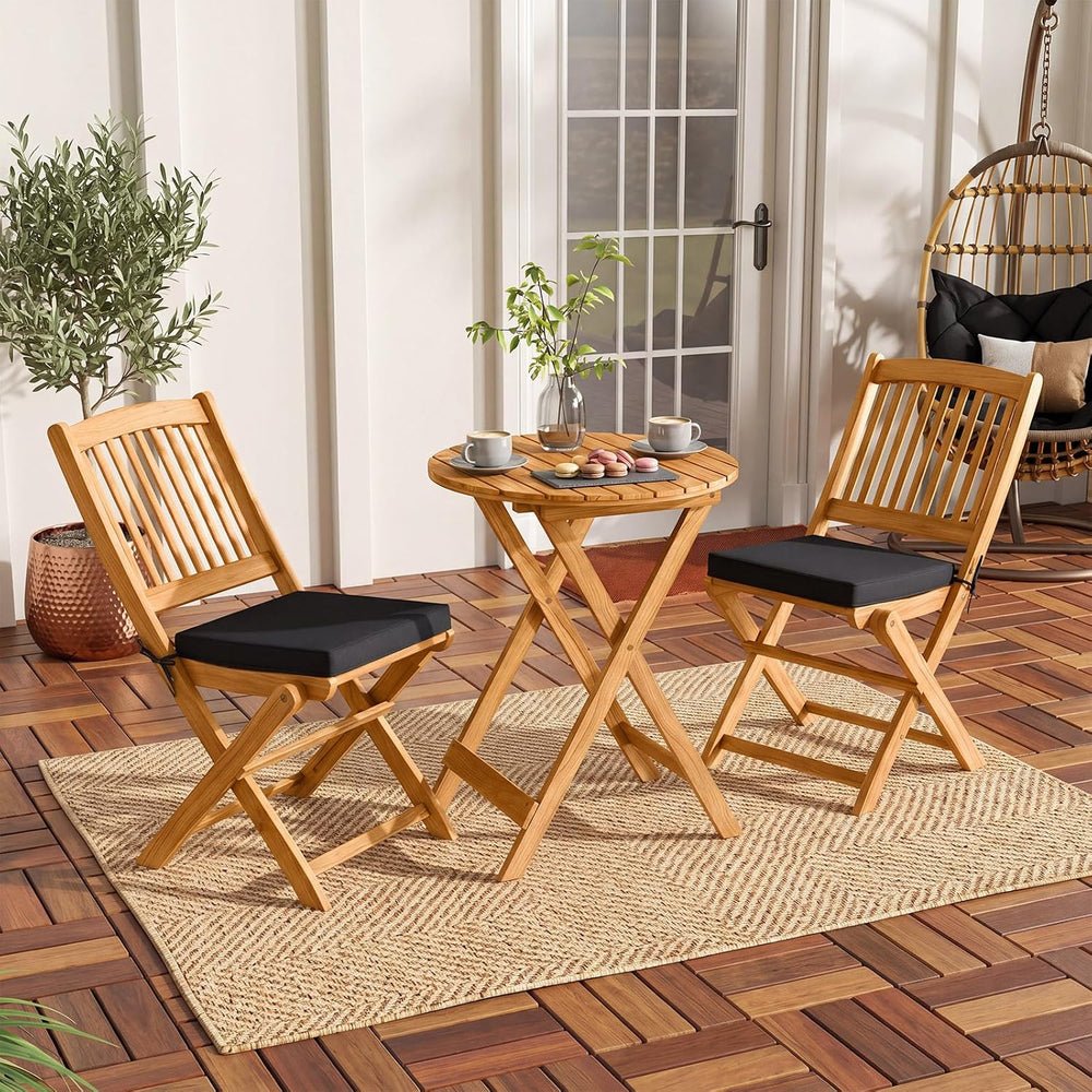 Tangkula 3 Piece Patio Folding Bistro Set, Outdoor Acacia Wood Chair and Tabl...