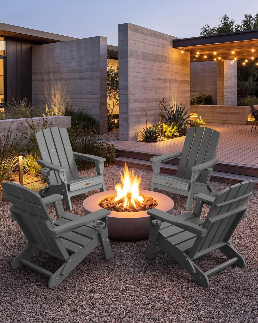 Folding Adirondack Chair Set of 4, HDPE Adirondack Chairs with 2 Cup Holder, ...