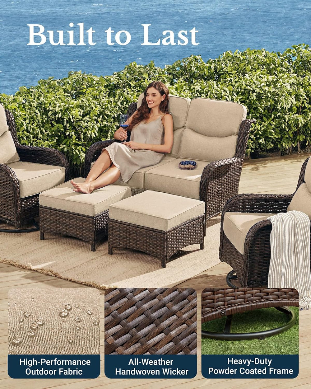 HILLGA Luxury High Back Patio Furniture Set with 6-Inch Thick Cushion