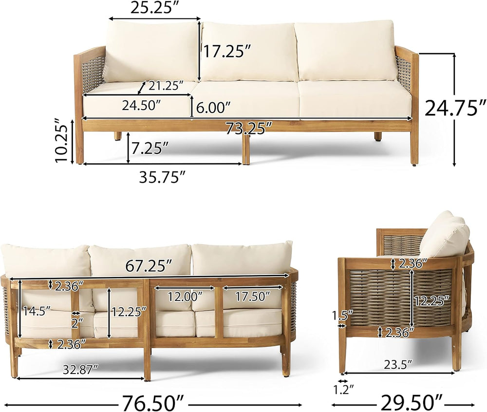 Burchett Outdoor 3 Seater Sofa with Cushions - Acacia Wood and Round Wicker -...