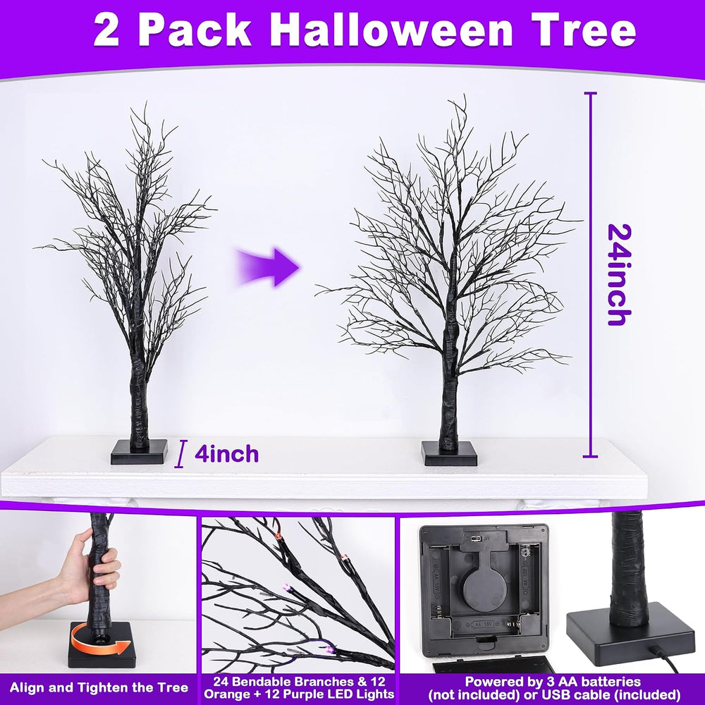 Halloween Decorations Indoor 2 Pack 24 Inch Black Halloween Tree with 48 Oran...