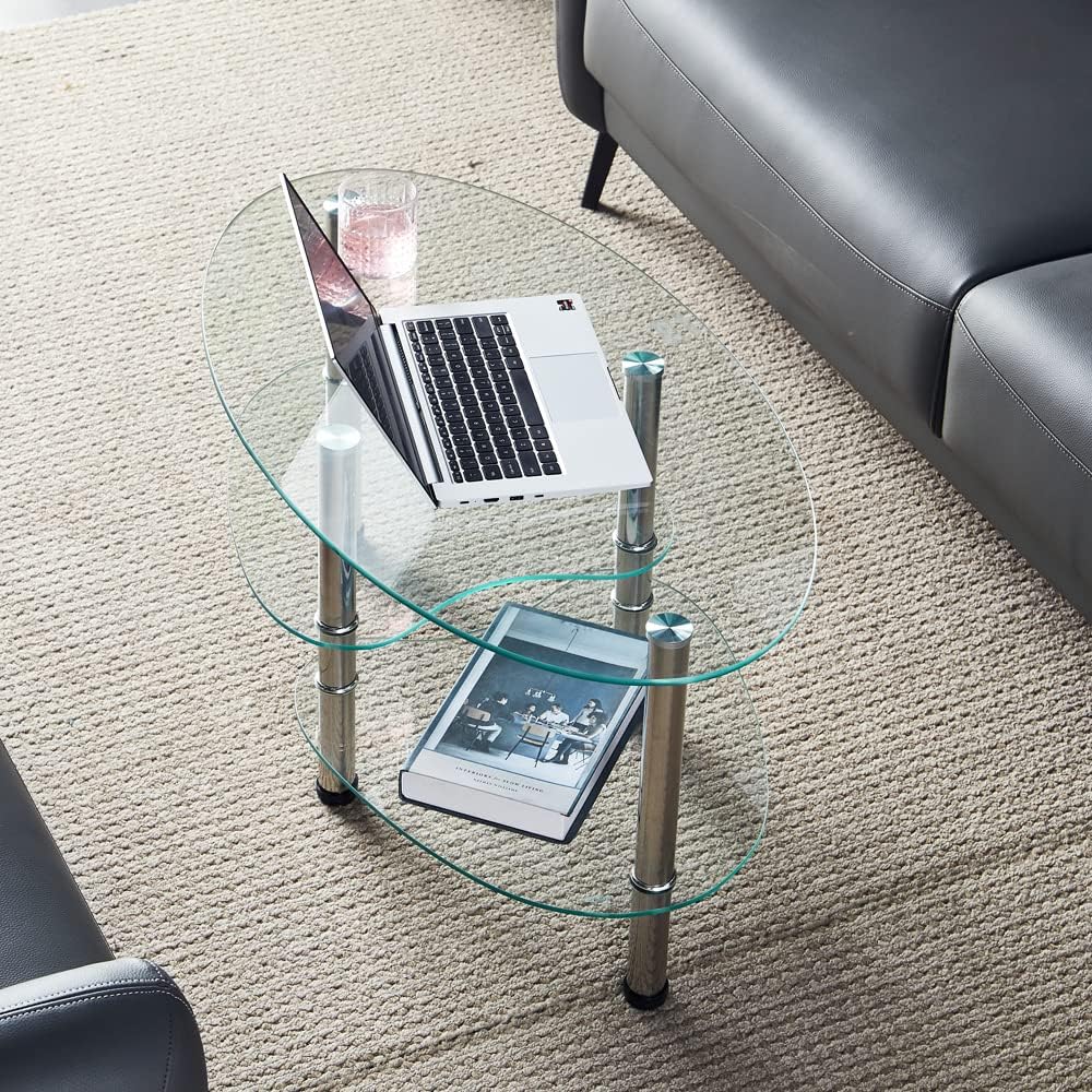 Oval-Shaped Glass Tea Table for Office, 3-Tier Modern Coffee Table, End Table...