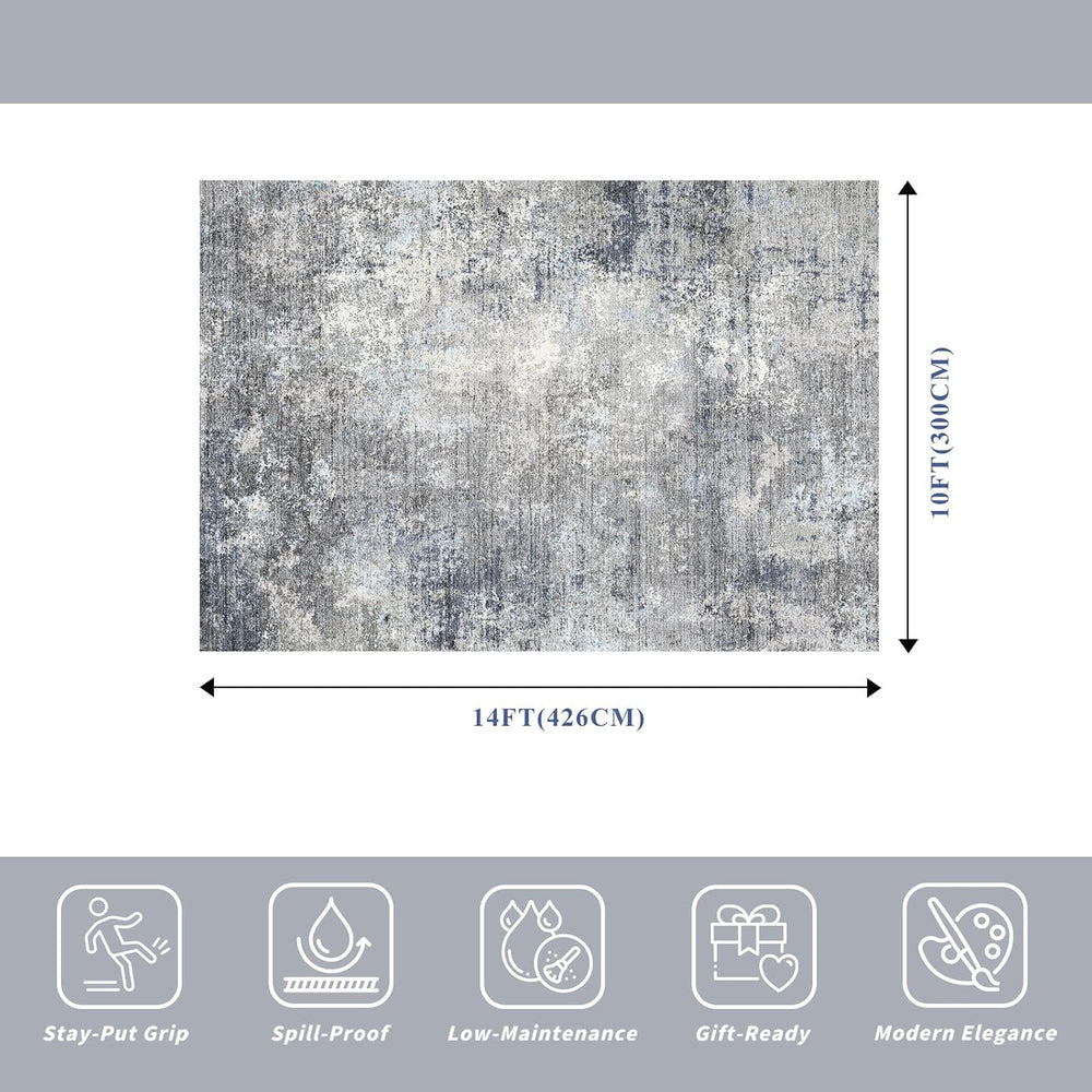 10x14 Area Rug for Living Room, Washable Modern Abstract Rug, Blue Grey