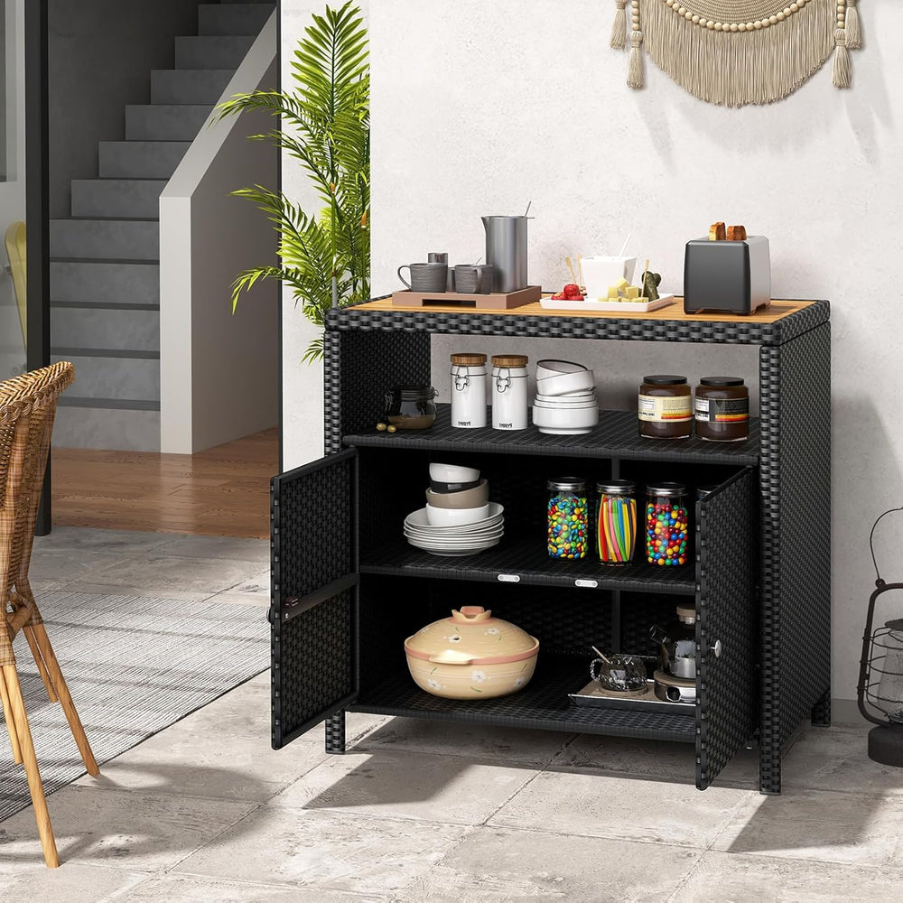 Tangkula Rattan Outdoor Storage Cabinet, Patiojoy Outdoor Cabinet with Acacia...