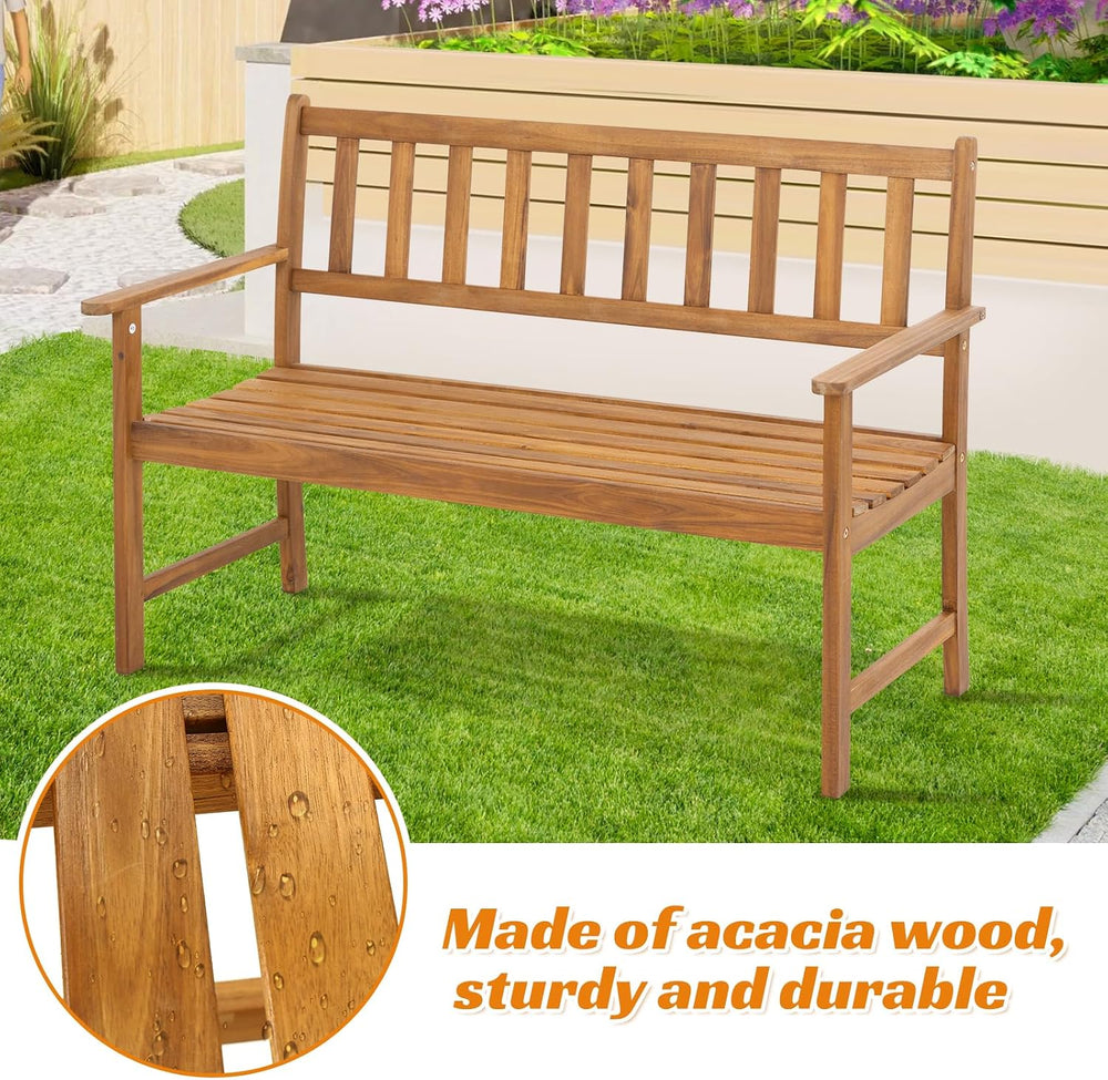 Dkeli Patio Wood Bench Park Garden Outdoor Bench with Armrests Sturdy Acacia ...