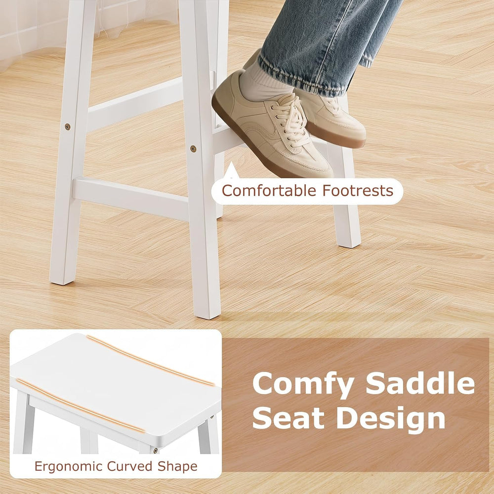 COSTWAY 29-inch Solid Wood Saddle Stools Set of 2 with Footrests, White