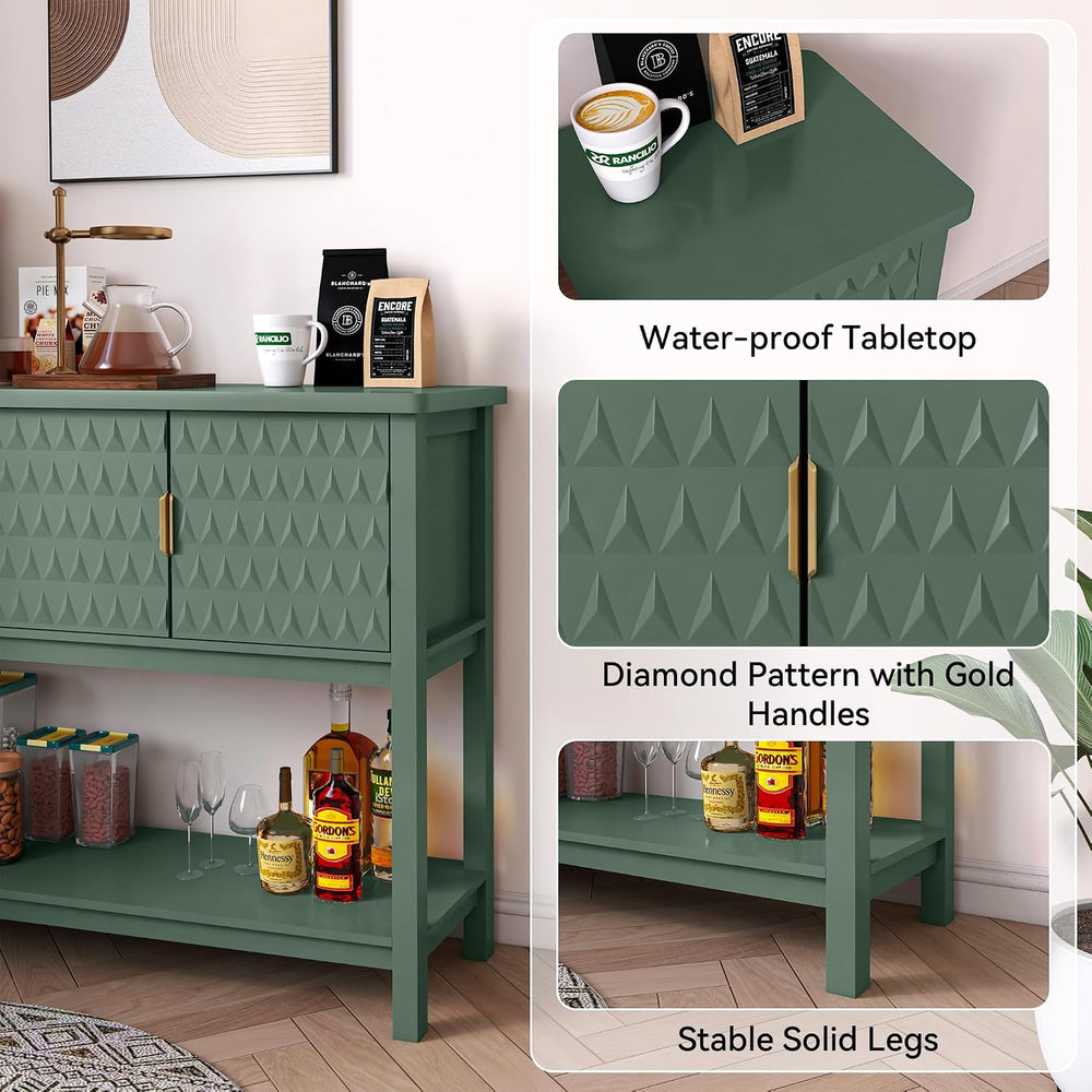 42” Modern Console Table with 3 Diamond Doors & Shelf for Entryway, Green
