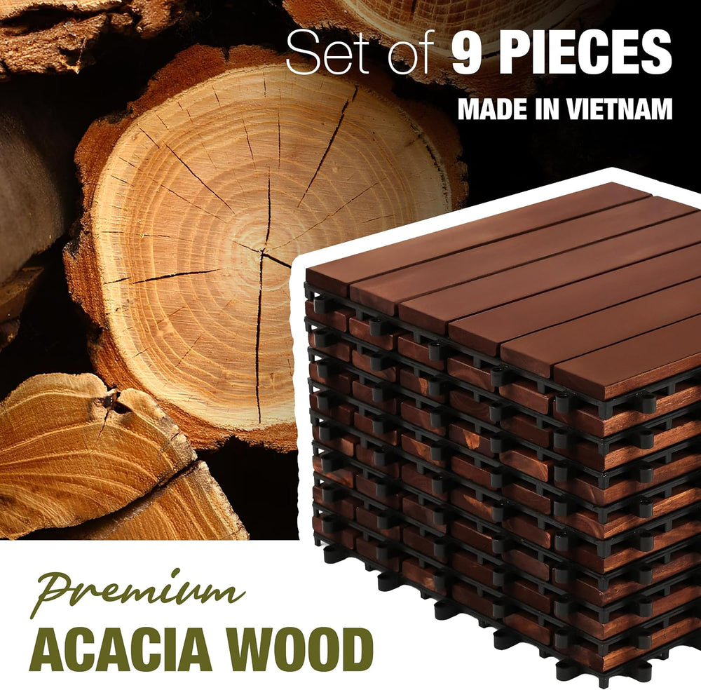 Acacia Wood Interlocking Deck Tiles, Patio & Backyard Tile, 12 in, 9 PCS